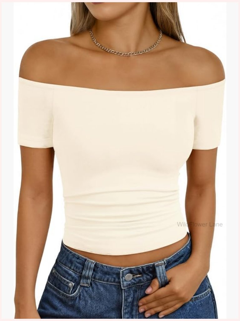 Off Shoulder Short Sleeve Going Out Top Y2k Sexy Basic Summer Shirt